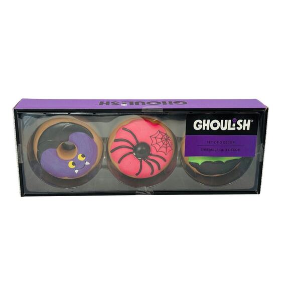 Ghoulish Halloween Donut Decor Set of 3 – Bat, Spider & Witch – Cute Faux Treats - Picture 1 of 4